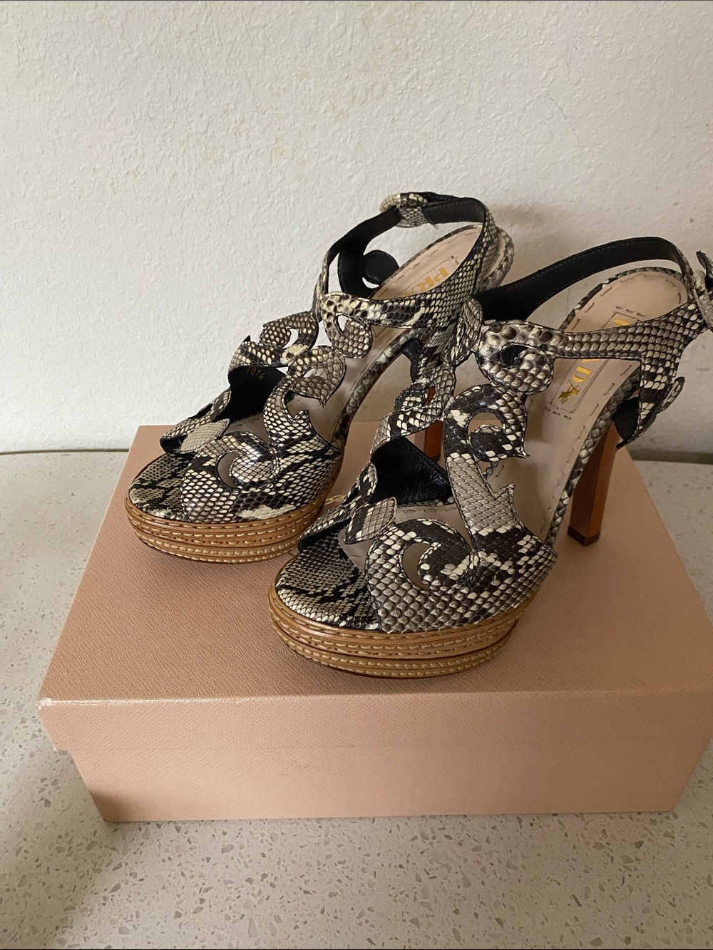 Prada Black and Cream Snakeskin-Effect Platform Heels - Picture 6 of 16